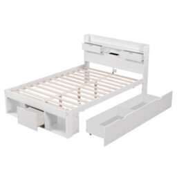 Abrihome 135X190Cm, Double Bed, With Usb Port & Drawers & Storage Cabinet, Youth Bed, Large Storage Space, Without Mattress, White - thumbnail 6
