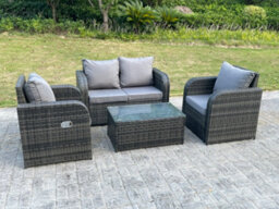 Fimous Grey Wicker Rattan Garden Furniture Set Love Sofa Reclining Chair Outdoor Rectangular Coffee Table 4 Seater - thumbnail 2