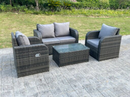 Fimous Grey Wicker Rattan Garden Furniture Set Love Sofa Reclining Chair Outdoor Rectangular Coffee Table 4 Seater - thumbnail 3