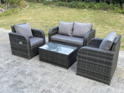 Fimous Grey Wicker Rattan Garden Furniture Set Love Sofa Reclining Chair Outdoor Rectangular Coffee Table 4 Seater