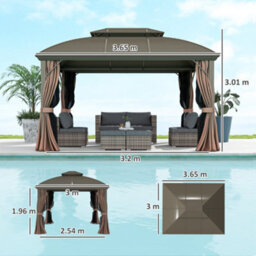 Outsunny 3.65 X 3(M) Aluminium Outdoor Gazebo W/ Hardtop Double Roof, Coffee - thumbnail 3