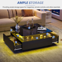 Btm Black Square Led Coffee Table With Storage And Two Sliding Drawers Wood And Acrylic Glass Design - thumbnail 2