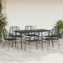 Berkfield 7 Piece Garden Dining Set Black Poly Rattan Glass - thumbnail 3