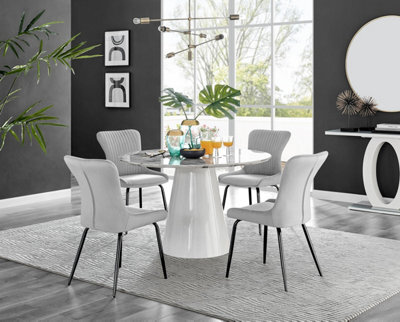 Furniturebox Uk Palma White Marble Effect Round Dining Table & 4 Light Grey Nora Black Leg Chairs - image 1