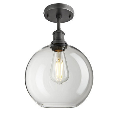 Industville Brooklyn Glass Globe Flush Mount - 9 Inch, Clear Glass Globe - 9 Inch, Pewter Semi Flush Mount