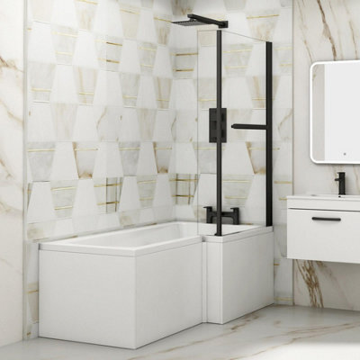 Royal Bathrooms Qubix 1600 X 850mm Right Hand L-Shaped Shower Bathtub With Mdf Gloss White Front Panel & Matt Black Towel Rail Screen - image 1