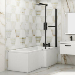 Royal Bathrooms Qubix 1600 X 850mm Right Hand L-Shaped Shower Bathtub With Mdf Gloss White Front Panel & Matt Black Towel Rail Screen - thumbnail 1