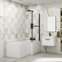 Royal Bathrooms Qubix 1600 X 850mm Right Hand L-Shaped Shower Bathtub With Mdf Gloss White Front Panel & Matt Black Towel Rail Screen - thumbnail 3