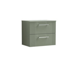 Balterley Belvide Partial Fluted 2 Drawer Wall Hung Vanity Unit With Colour Coordinating Worktop - 600mm - Satin Green - thumbnail 1
