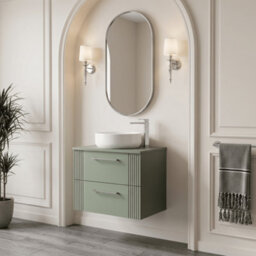 Balterley Belvide Partial Fluted 2 Drawer Wall Hung Vanity Unit With Colour Coordinating Worktop - 600mm - Satin Green - thumbnail 4