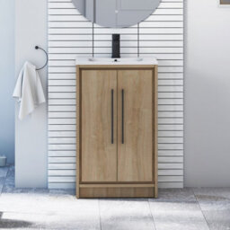 Royal Bathrooms Livora 500mm Natural Oak Floor Standing Vanity Cloakroom Unit 2 Door With Minimalist Basin & Matt Black Handle