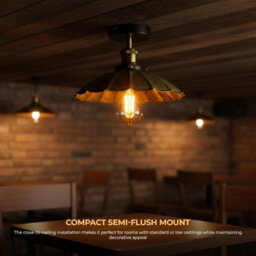 Industrial-Semi Flush Light Fitting Metal 22Cm Lampshade Brushed Brass E27 Ceiling Lighting Fixture For Indoor - thumbnail 5