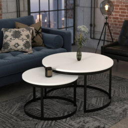 Okin 2 Piece Coffee Table Set Modern Metal Base With Durable Laminated Pvc Tops Large Small Duo Legs Black Tabletop Matt White