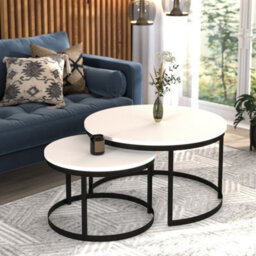 Okin 2 Piece Coffee Table Set Modern Metal Base With Durable Laminated Pvc Tops Large Small Duo Legs Black Tabletop Matt White - thumbnail 2