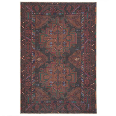 Loomed Distressed Maroon Red Brown Persian Style Washable Non Slip Rug 120X170Cm - image 1