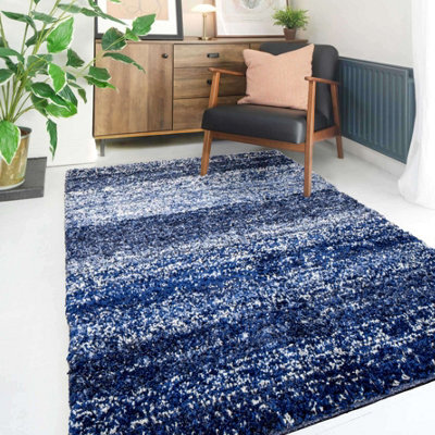 Loomed Super Soft Navy Blue Mottled Striped Shaggy Area Rug 200X290Cm - image 1