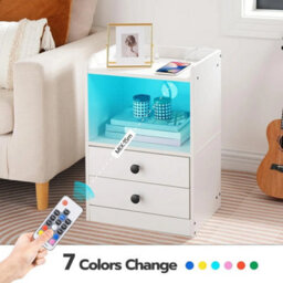 Bedside Table With Adjustable Led Lights Nightstand White - thumbnail 3