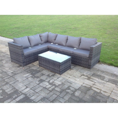 Fimous Rattan Corner Sofa Set Rectangular Coffee Table Outdoor Garden Furniture In Dark Grey Mix 6 Seater - image 1