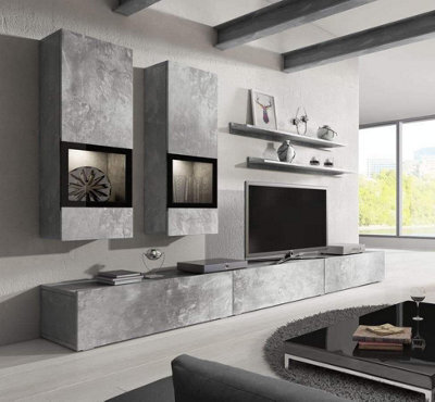Arte Baros 10 Contemporary Entertainment Media Unit 5 Doors Concrete Grey Effect & Black (W)2700mm (H)1520mm (D)410mm - image 1