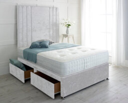 "Slumbre Rio Crushed Velvet Divan Bed, With Pocket Mattress & 36"" Headboard - 4Ft6 Double - White - 2 Drawers Same Side"