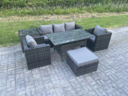 Fimous Pe Wicker Rattan Garden Furniture Set Outdoor Rectangular Dining Table Lounge Sofa Chair With Side Table Stool 6 Seater - thumbnail 2