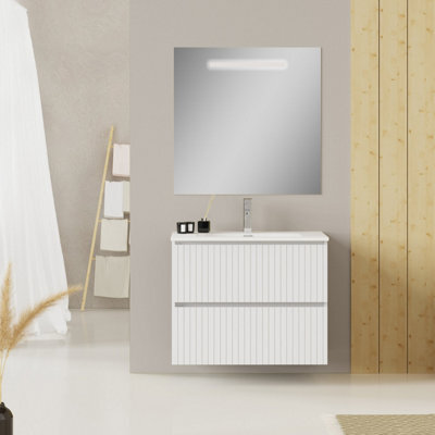 Banyetti Linea Matt White Ribbed Double Drawer Wall Hung Vanity Unit 800mm X 390mm - image 1