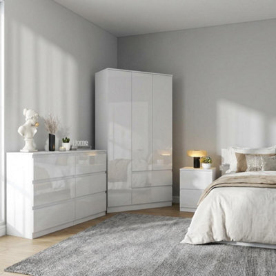 Soho 3 Door Wardrobe, 6 Drawer Chest & Bedside Table Bedroom Set White High Gloss