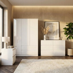 Soho 3 Door Wardrobe, 6 Drawer Chest & Bedside Table Bedroom Set White High Gloss - thumbnail 2