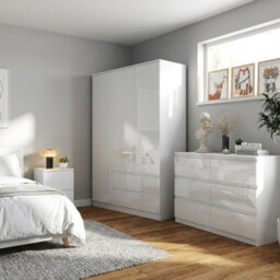Soho 3 Door Wardrobe, 6 Drawer Chest & Bedside Table Bedroom Set White High Gloss - thumbnail 4