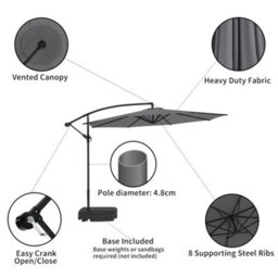 Living And Home 3M Large Rotatable Garden Sun Shade Cantilever Parasol Patio Hanging Banana Umbrella Crank Tilt With 60L Fillable Base, Dark Grey - thumbnail 4