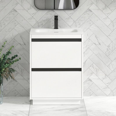Royal Bathrooms Orion 600mm Matt White 2 Drawer Floor Standing Vanity Unit With Stone Basin & Black Strip - image 1