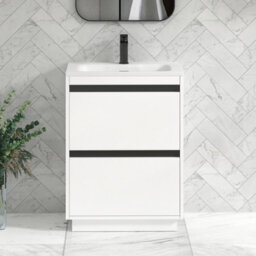 Royal Bathrooms Orion 600mm Matt White 2 Drawer Floor Standing Vanity Unit With Stone Basin & Black Strip - thumbnail 1