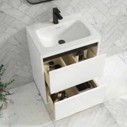 Royal Bathrooms Orion 600mm Matt White 2 Drawer Floor Standing Vanity Unit With Stone Basin & Black Strip - thumbnail 4