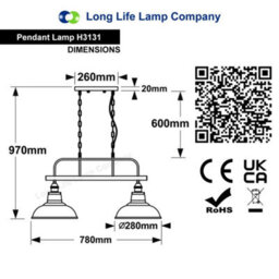 Long Life Lamps Company Industrial Ceiling Brush Chrome Bar 2 Clear Glass Lamp Shade Pendant Light H3131 - thumbnail 2