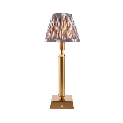 Luminosa Lighting Luminosa Trobridge Rechargeable Brushed Aged Brass Plate Table Lamp With Pearl Grey Fabric Ikat Shade 16Cm Integrated Led - image 1