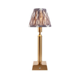 Luminosa Lighting Luminosa Trobridge Rechargeable Brushed Aged Brass Plate Table Lamp With Pearl Grey Fabric Ikat Shade 16Cm Integrated Led
