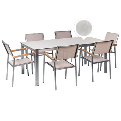 Beliani Garden Dining Set 6 Seater Cosoleto/grosseto Tempered Glass Marble Effect White/ Beige - image 1