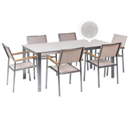Beliani Garden Dining Set 6 Seater Cosoleto/grosseto White/ Beige Tempered Glass Marble Effect