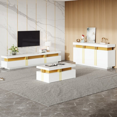 Btm White & Gold Living Room Furniture Set, Tv Stand, Marble Effect Coffee Table And Sideboard, Luxury Storage - image 1