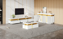 Btm White & Gold Living Room Furniture Set, Tv Stand, Marble Effect Coffee Table And Sideboard, Luxury Storage - thumbnail 8