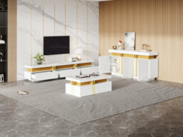 Btm White & Gold Living Room Furniture Set, Tv Stand, Marble Effect Coffee Table And Sideboard, Luxury Storage - thumbnail 6