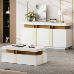 Btm White & Gold Living Room Furniture Set, Tv Stand, Marble Effect Coffee Table And Sideboard, Luxury Storage - thumbnail 3
