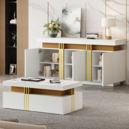 Btm White & Gold Living Room Furniture Set, Tv Stand, Marble Effect Coffee Table And Sideboard, Luxury Storage - thumbnail 4