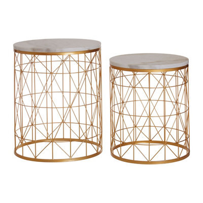 Orsina Set Of 2 Marble Top Round Side Tables, White Marble Side Tables With Gold Iron Geometric Base, Nesting Tables - image 1