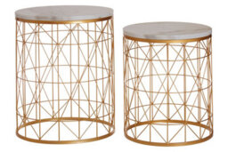 Orsina Set Of 2 Marble Top Round Side Tables, White Marble Side Tables With Gold Iron Geometric Base, Nesting Tables - thumbnail 5