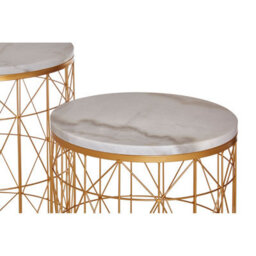 Orsina Set Of 2 Marble Top Round Side Tables, White Marble Side Tables With Gold Iron Geometric Base, Nesting Tables - thumbnail 4