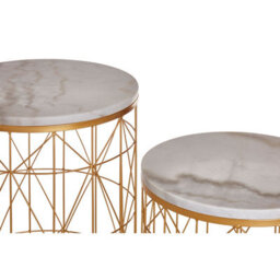 Orsina Set Of 2 Marble Top Round Side Tables, White Marble Side Tables With Gold Iron Geometric Base, Nesting Tables - thumbnail 3
