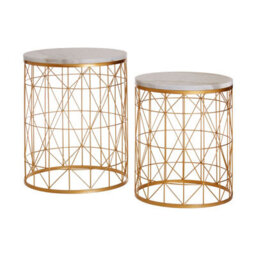Orsina Set Of 2 Marble Top Round Side Tables, White Marble Side Tables With Gold Iron Geometric Base, Nesting Tables - thumbnail 2