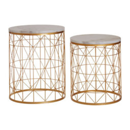 Orsina Set Of 2 Marble Top Round Side Tables, White Marble Side Tables With Gold Iron Geometric Base, Nesting Tables