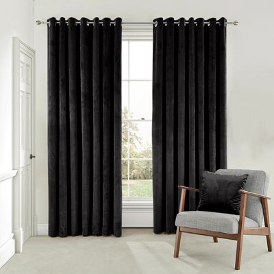 Moonlight Bedding Velvet Ring Top Curtains- Fully Lined Dim Out Blackout Pair, Ultra Soft Thermal Curtains (Black, 90 X 90 Inch) - image 1